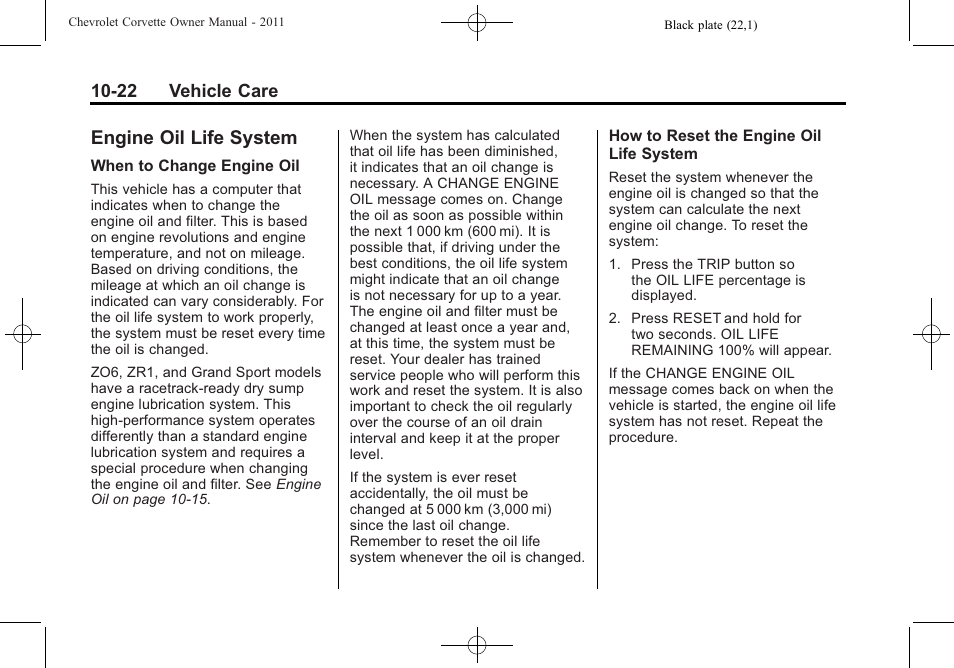 Engine oil life system, Engine oil life system -22, Starter | CHEVROLET 2011 Corvette User Manual | Page 312 / 436
