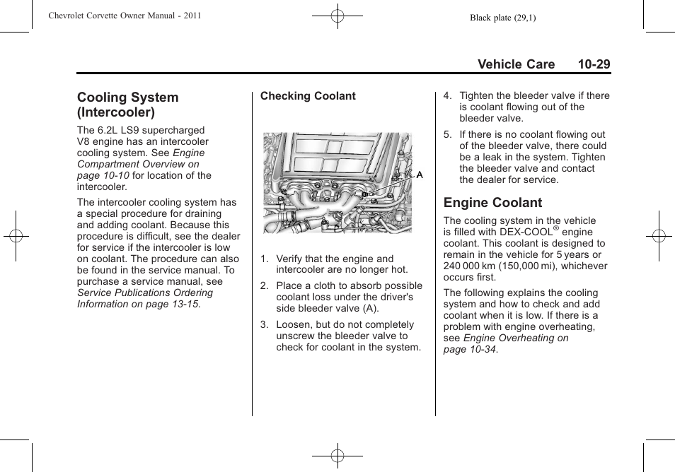 Cooling system (intercooler), Engine coolant, Cooling system | Intercooler) -29, Engine coolant -29, Bulb, Vehicle care 10-29 | CHEVROLET 2011 Corvette User Manual | Page 319 / 436