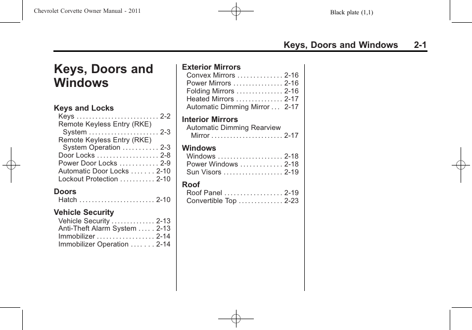 Keys, doors and windows, Keys, doors and windows -1 | CHEVROLET 2011 Corvette User Manual | Page 33 / 436