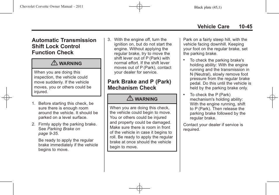 Park brake and p (park) mechanism check, Automatic transmission shift, Lock control function check -45 | Park brake and p (park), Mechanism check -45 | CHEVROLET 2011 Corvette User Manual | Page 335 / 436