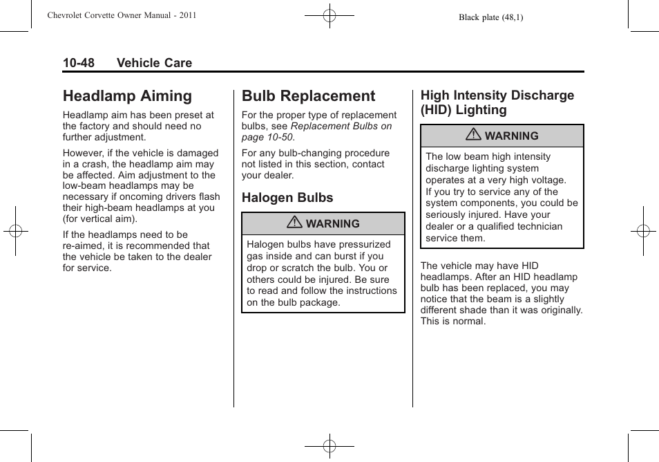 Headlamp aiming, Bulb replacement, Halogen bulbs | High intensity discharge (hid) lighting, Headlamp aiming -48, Replacement -48, Bulbs -48 high intensity discharge, Hid) lighting -48 | CHEVROLET 2011 Corvette User Manual | Page 338 / 436