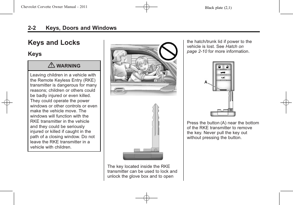 Keys and locks, Keys, Keys and locks -2 | Keys -2 | CHEVROLET 2011 Corvette User Manual | Page 34 / 436