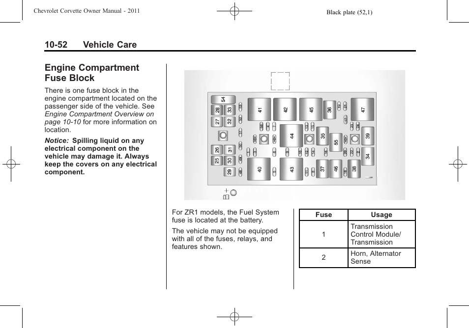 Engine compartment fuse block, Engine compartment fuse, Block -52 | CHEVROLET 2011 Corvette User Manual | Page 342 / 436