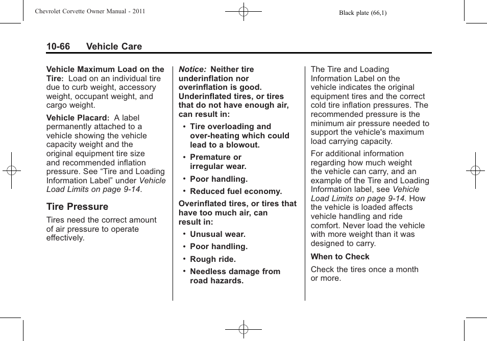 Tire pressure, Tire pressure -66, Jump | 66 vehicle care | CHEVROLET 2011 Corvette User Manual | Page 356 / 436