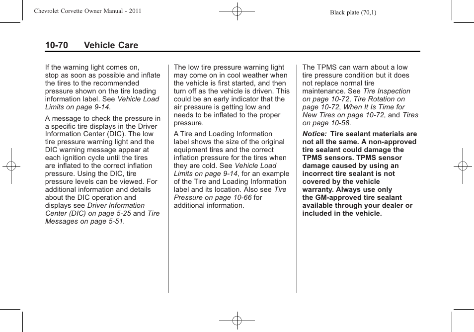 70 vehicle care | CHEVROLET 2011 Corvette User Manual | Page 360 / 436