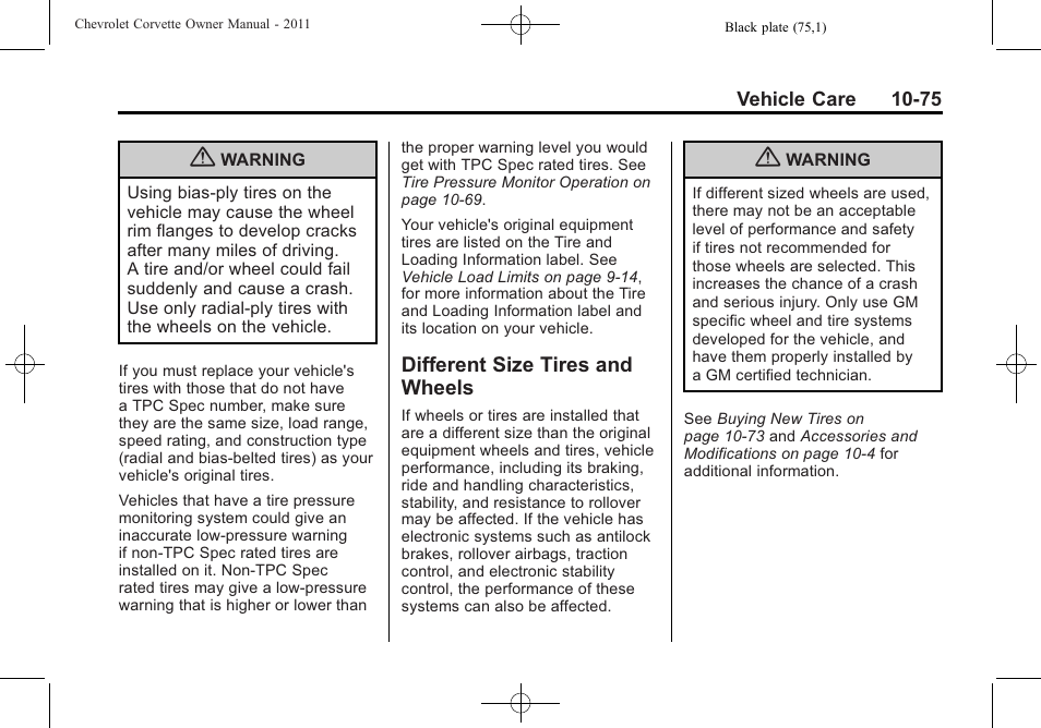 Different size tires and wheels, Different size tires and, Wheels -75 | CHEVROLET 2011 Corvette User Manual | Page 365 / 436