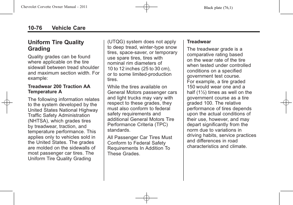 Uniform tire quality grading, Uniform tire quality, Grading -76 | CHEVROLET 2011 Corvette User Manual | Page 366 / 436