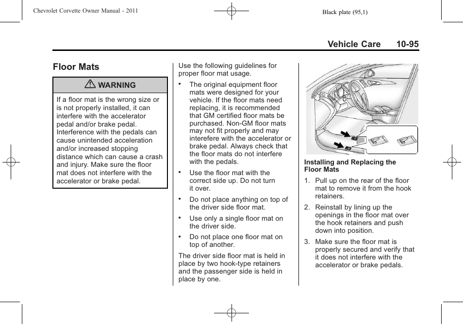 Floor mats, Floor mats -95, Vehicle care 10-95 | CHEVROLET 2011 Corvette User Manual | Page 385 / 436