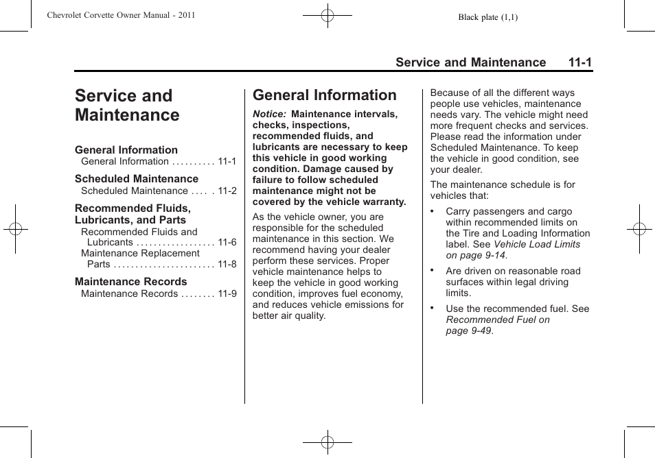 Service and maintenance, General information, Service and maintenance -1 | General information -1, Service and maintenance 11-1 | CHEVROLET 2011 Corvette User Manual | Page 387 / 436