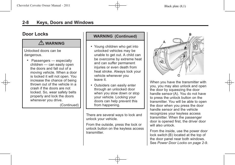 Door locks, Door locks -8, 8 keys, doors and windows | CHEVROLET 2011 Corvette User Manual | Page 40 / 436