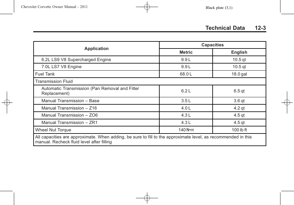 Technical data 12-3 | CHEVROLET 2011 Corvette User Manual | Page 401 / 436