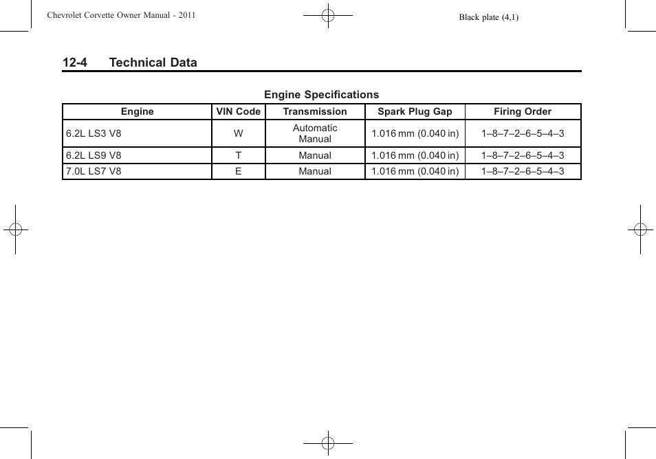 4 technical data | CHEVROLET 2011 Corvette User Manual | Page 402 / 436