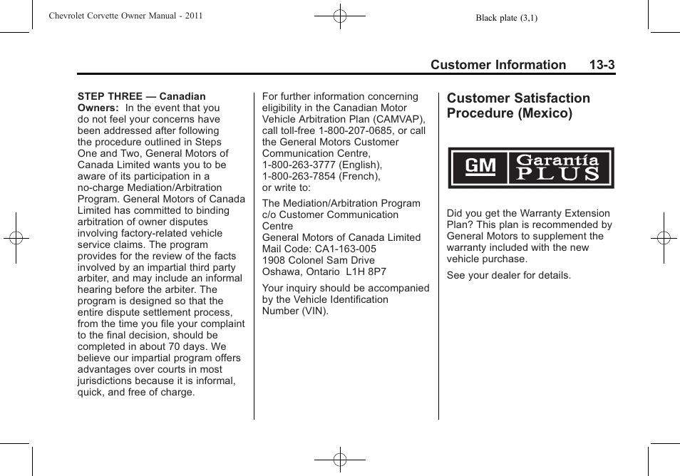 Customer satisfaction procedure (mexico), Customer satisfaction, Procedure (mexico) -3 | CHEVROLET 2011 Corvette User Manual | Page 407 / 436