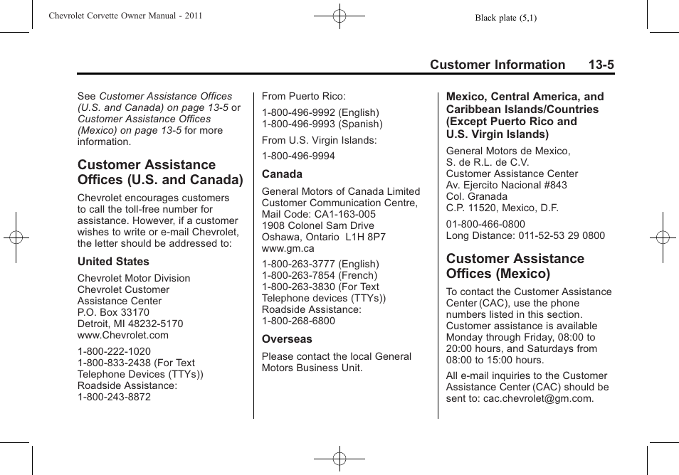 Customer assistance offices (u.s. and canada), Customer assistance offices (mexico), Customer assistance offices | U.s. and canada) -5, Mexico) -5, Reporting safety | CHEVROLET 2011 Corvette User Manual | Page 409 / 436