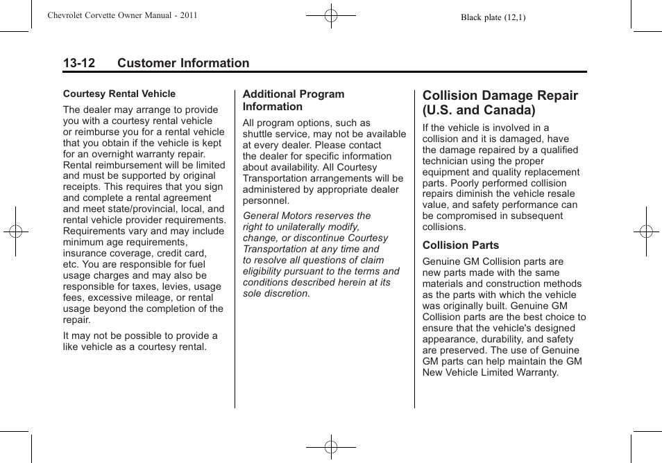 Collision damage repair (u.s. and canada), Collision damage repair, U.s. and canada) -12 | Procedure | CHEVROLET 2011 Corvette User Manual | Page 416 / 436