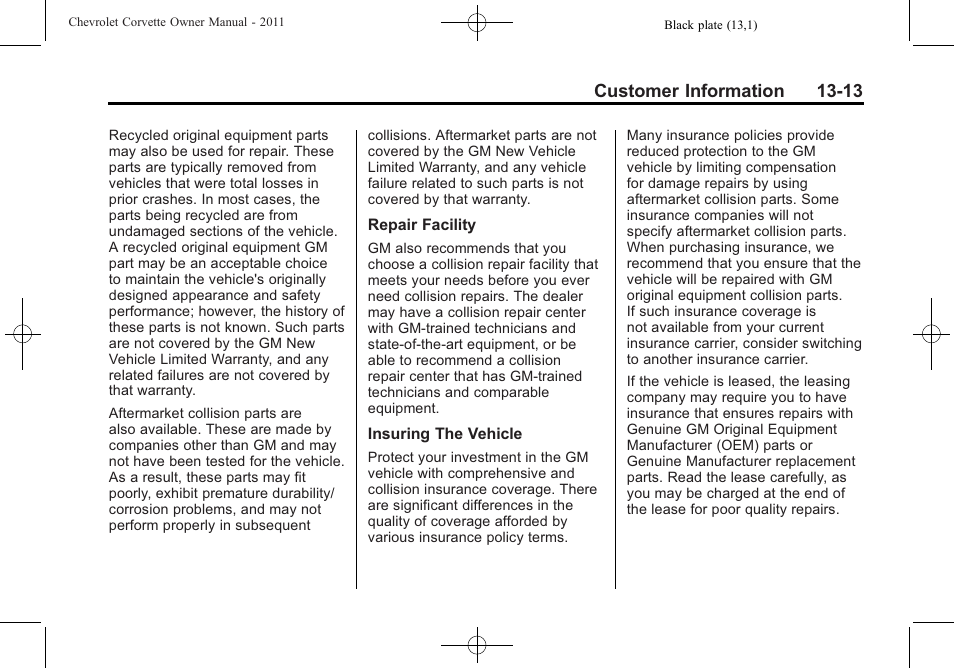 Customer information 13-13 | CHEVROLET 2011 Corvette User Manual | Page 417 / 436