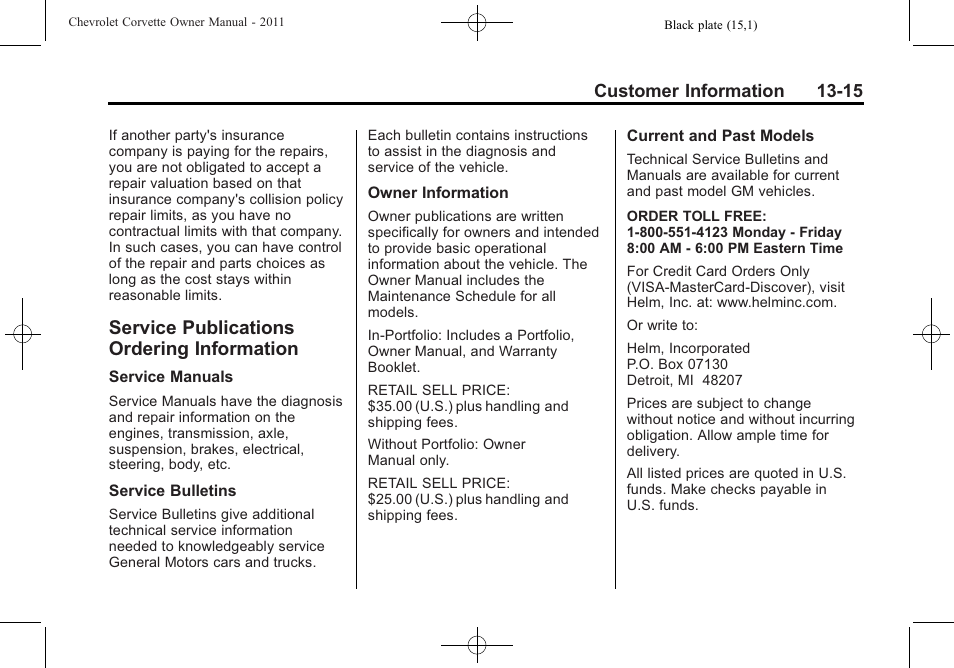 Service publications ordering information, Service publications, Ordering information -15 | Customer information 13-15 | CHEVROLET 2011 Corvette User Manual | Page 419 / 436