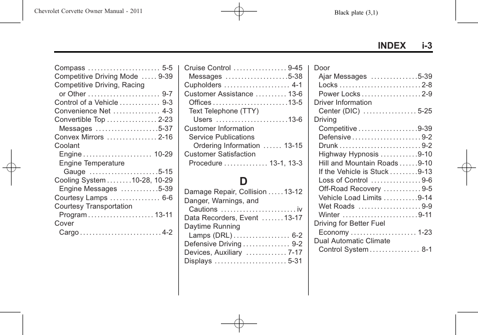Index_d, Index i-3 | CHEVROLET 2011 Corvette User Manual | Page 427 / 436