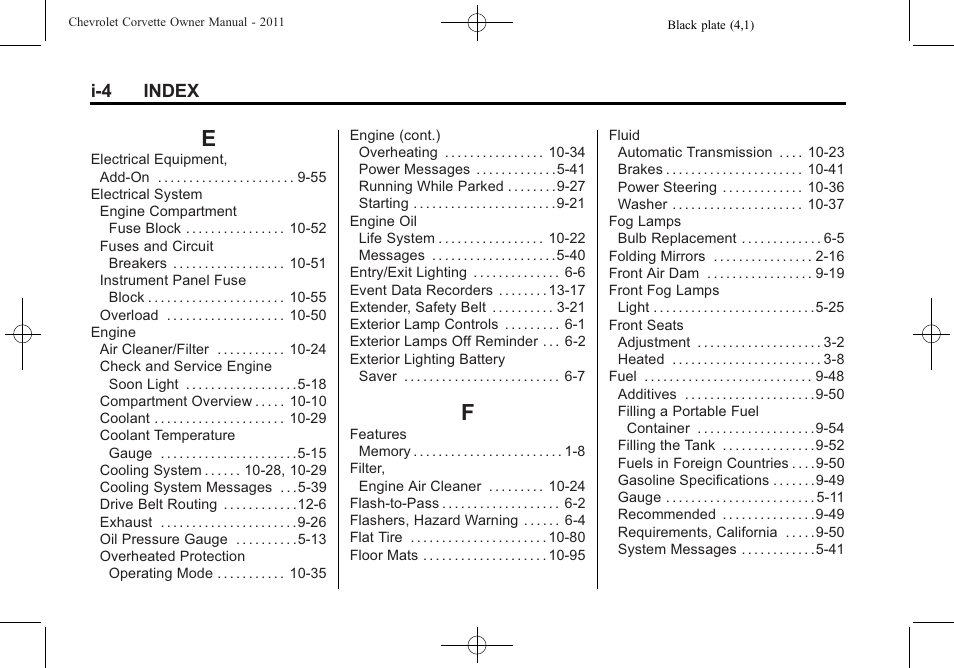 Index_e, Index_f, I-4 index | CHEVROLET 2011 Corvette User Manual | Page 428 / 436