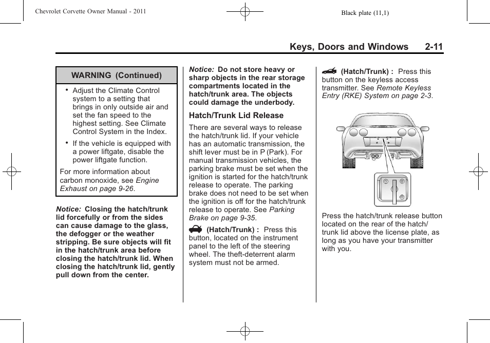 Keys, doors and windows 2-11 | CHEVROLET 2011 Corvette User Manual | Page 43 / 436