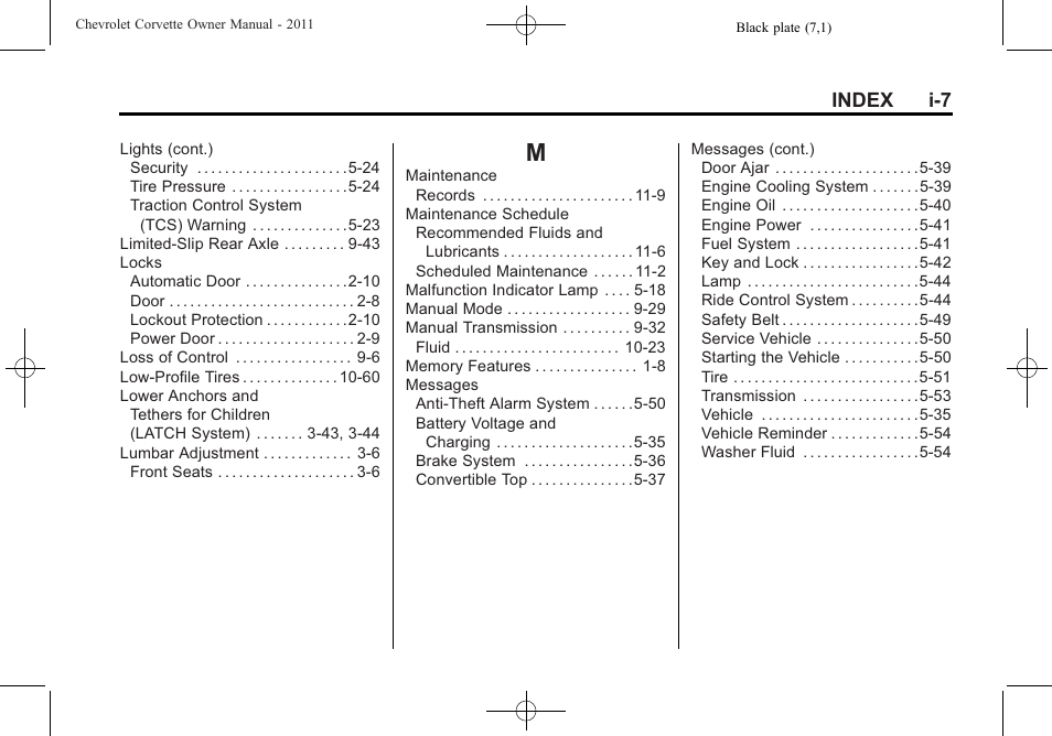 Index_m, Index i-7 | CHEVROLET 2011 Corvette User Manual | Page 431 / 436