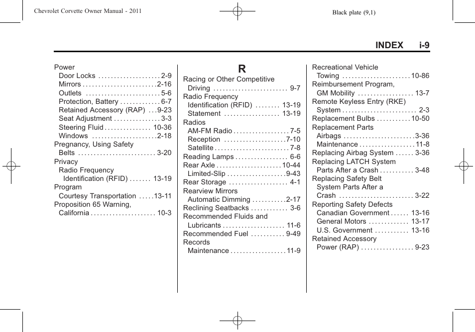 Index_r, Index i-9 | CHEVROLET 2011 Corvette User Manual | Page 433 / 436