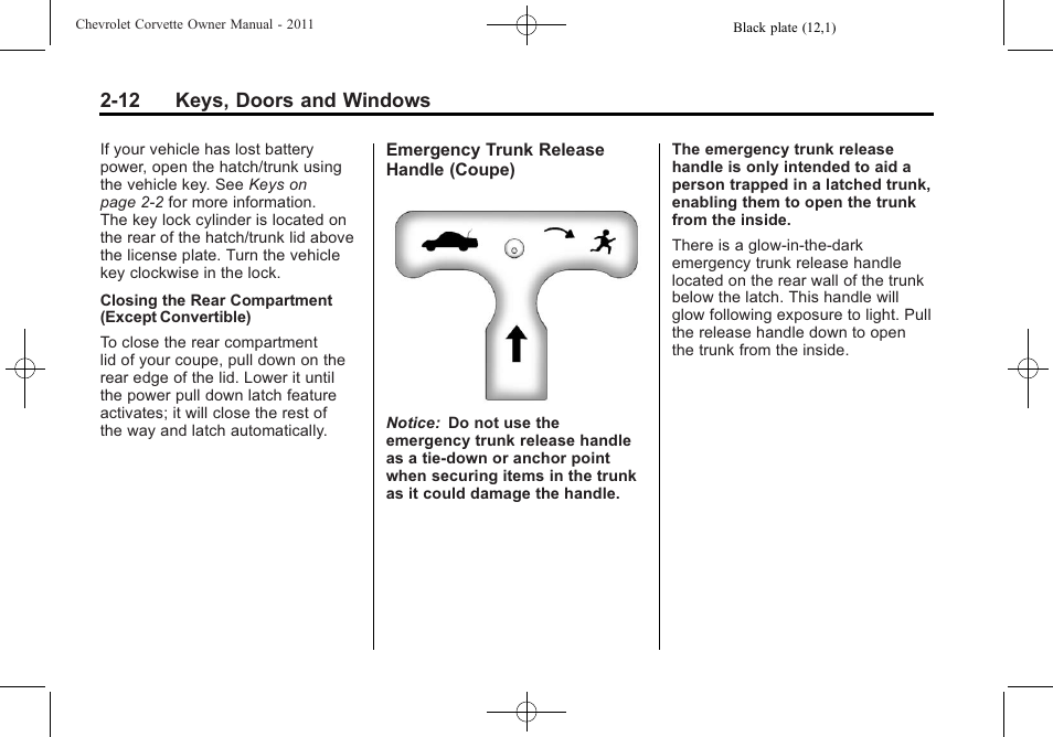12 keys, doors and windows | CHEVROLET 2011 Corvette User Manual | Page 44 / 436