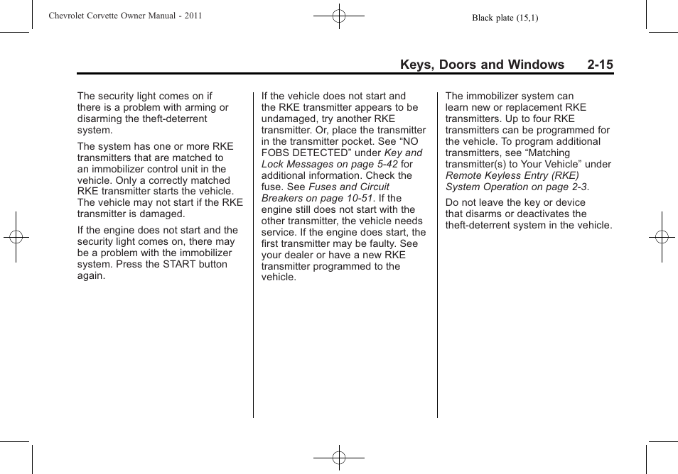 Keys, doors and windows 2-15 | CHEVROLET 2011 Corvette User Manual | Page 47 / 436