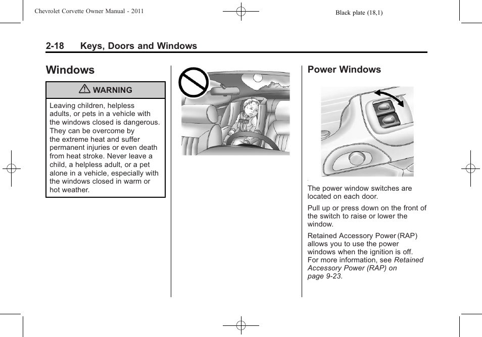 Windows, Power windows, Windows -18 | Windows -18 power windows -18 | CHEVROLET 2011 Corvette User Manual | Page 50 / 436