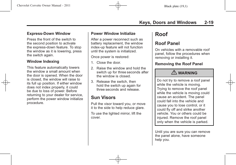 Sun visors, Roof, Roof panel | Roof -19, Sun visors -19, Roof panel -19 | CHEVROLET 2011 Corvette User Manual | Page 51 / 436