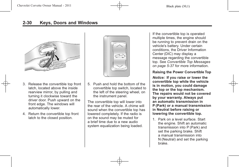 30 keys, doors and windows | CHEVROLET 2011 Corvette User Manual | Page 62 / 436