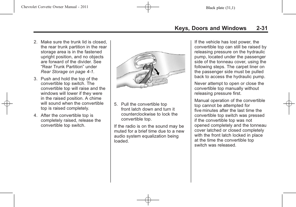 Keys, doors and windows 2-31 | CHEVROLET 2011 Corvette User Manual | Page 63 / 436