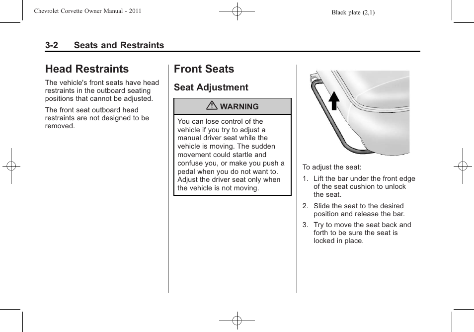 Head restraints, Front seats, Seat adjustment | Head restraints -2 front seats -2, Phone, Head restraints -2, Seat adjustment -2 | CHEVROLET 2011 Corvette User Manual | Page 68 / 436