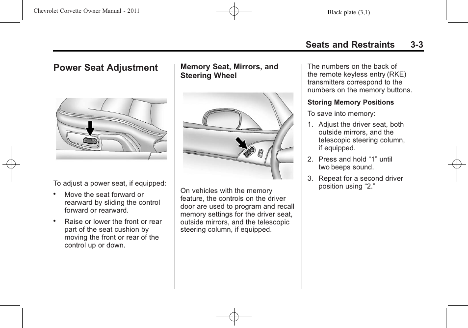 Power seat adjustment, Power seat adjustment -3, Seats and restraints 3-3 | CHEVROLET 2011 Corvette User Manual | Page 69 / 436