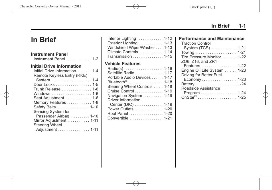 In brief, In brief -1 | CHEVROLET 2011 Corvette User Manual | Page 7 / 436