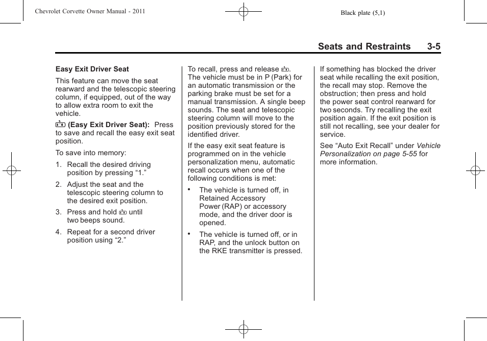 Seats and restraints 3-5 | CHEVROLET 2011 Corvette User Manual | Page 71 / 436