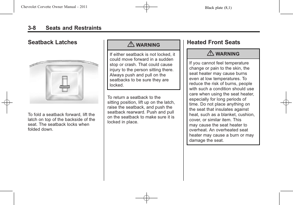 Seatback latches, Heated front seats, Seatback latches -8 heated front seats -8 | CHEVROLET 2011 Corvette User Manual | Page 74 / 436