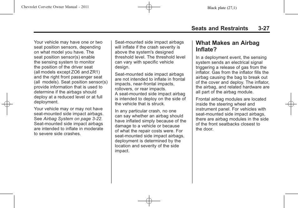 What makes an airbag inflate, What makes an airbag, Inflate? -27 | CHEVROLET 2011 Corvette User Manual | Page 93 / 436