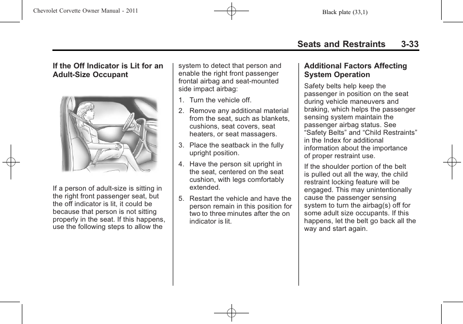Seats and restraints 3-33 | CHEVROLET 2011 Corvette User Manual | Page 99 / 436