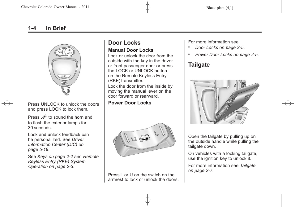 Door locks, Tailgate, Door locks -4 tailgate -4 | Cruise, 4 in brief | CHEVROLET 2011 Colorado User Manual | Page 10 / 394