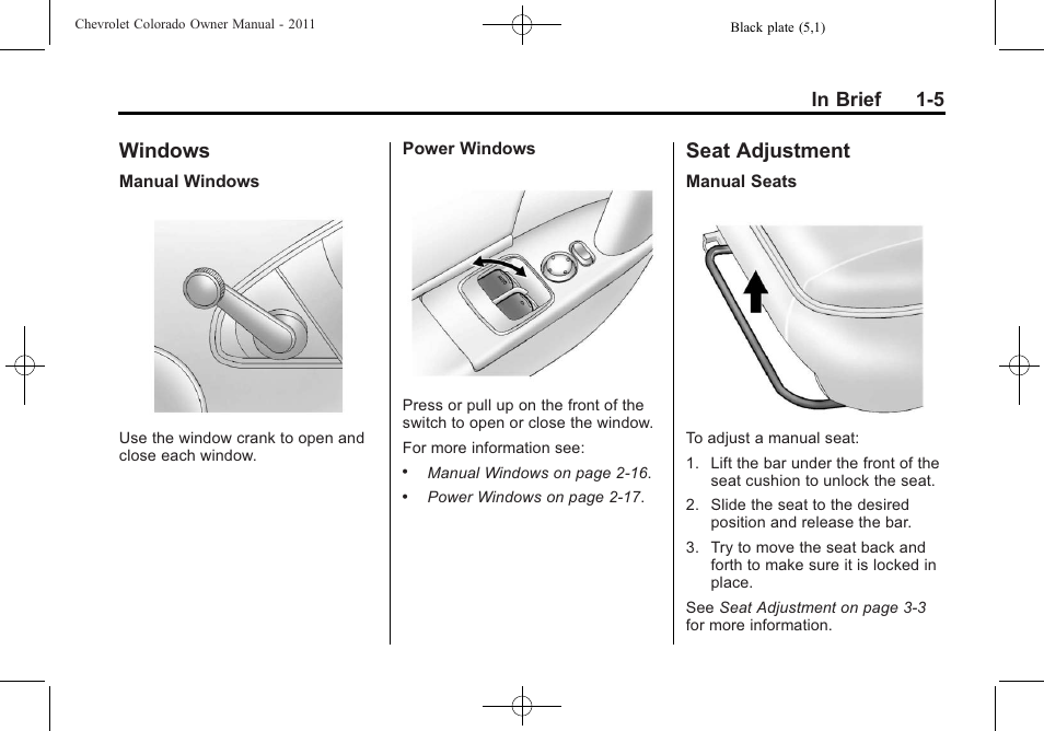 Windows, Seat adjustment, Windows -5 seat adjustment -5 | Power | CHEVROLET 2011 Colorado User Manual | Page 11 / 394