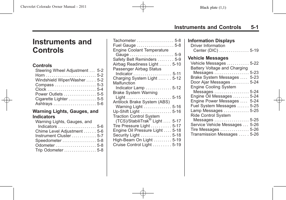 Instruments and controls, Instruments and controls -1, Instruments and controls 5-1 | CHEVROLET 2011 Colorado User Manual | Page 113 / 394