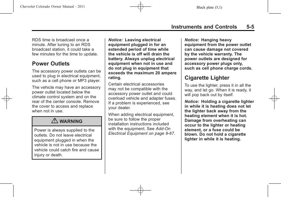 Power outlets, Cigarette lighter, Power outlets -5 cigarette lighter -5 | CHEVROLET 2011 Colorado User Manual | Page 117 / 394