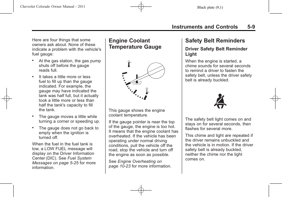 Engine coolant temperature gauge, Safety belt reminders, Engine coolant temperature | Gauge -9, Safety belt reminders -9, Vehicle, Instruments and controls 5-9 | CHEVROLET 2011 Colorado User Manual | Page 121 / 394