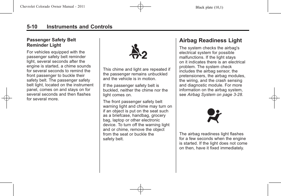 Airbag readiness light, Airbag readiness light -10 | CHEVROLET 2011 Colorado User Manual | Page 122 / 394
