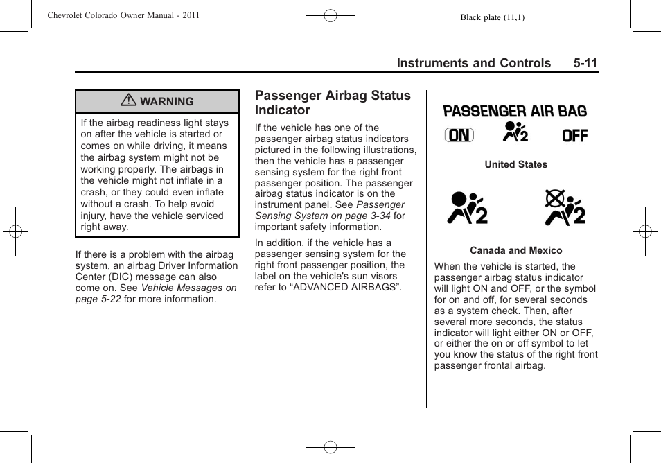 Passenger airbag status indicator, Passenger airbag status, Indicator -11 | CHEVROLET 2011 Colorado User Manual | Page 123 / 394