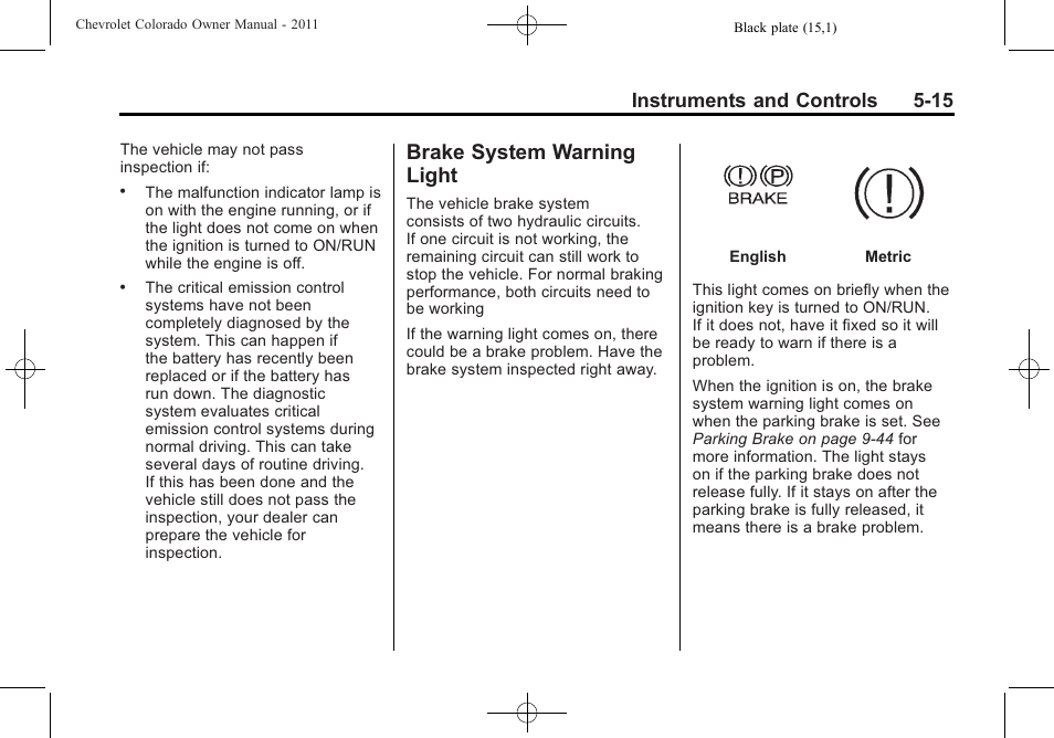 Brake system warning light, Brake system warning, Light -15 | Instruments and controls 5-15 | CHEVROLET 2011 Colorado User Manual | Page 127 / 394