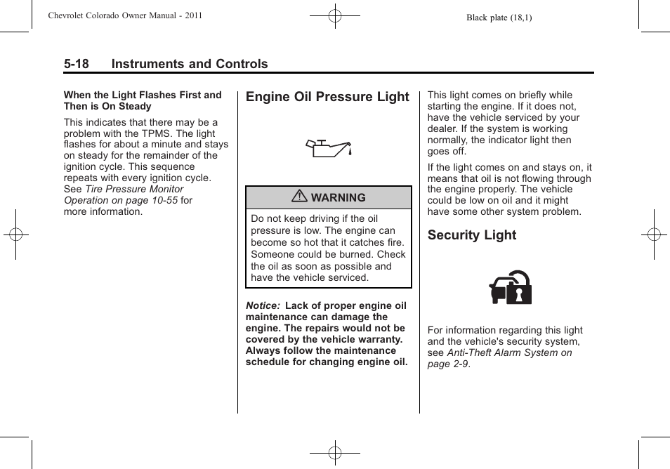 Engine oil pressure light, Security light, Engine oil pressure light -18 security light -18 | CHEVROLET 2011 Colorado User Manual | Page 130 / 394
