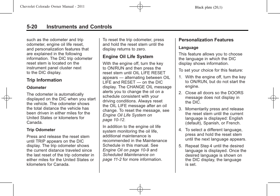 20 instruments and controls | CHEVROLET 2011 Colorado User Manual | Page 132 / 394
