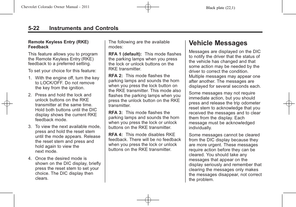 Vehicle messages, Manual transmission -37, Vehicle messages -22 | 22 instruments and controls | CHEVROLET 2011 Colorado User Manual | Page 134 / 394